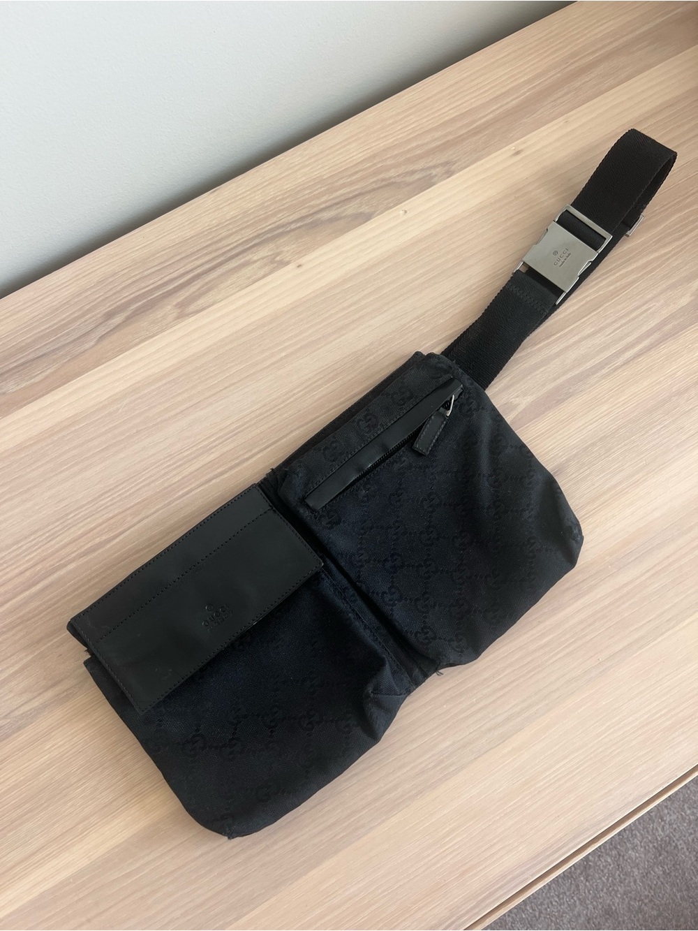 Authentic Gucci GG Black Canvas Monogram Fanny Pack Belt Bag